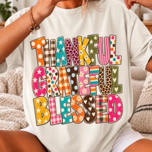 Thankful Grateful Blessed PNG, Retro Fall Typography, Colorful Pattern Letters, Thanksgiving Shirt Design, Vintage Sublimation image 10