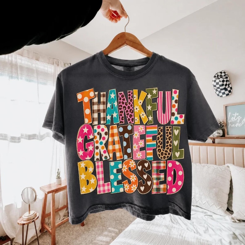 Thankful Grateful Blessed PNG, Retro Fall Typography, Colorful Pattern Letters, Thanksgiving Shirt Design, Vintage Sublimation