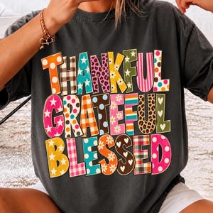 Thankful Grateful Blessed PNG, Retro Fall Typography, Colorful Pattern Letters, Thanksgiving Shirt Design, Vintage Sublimation image 3