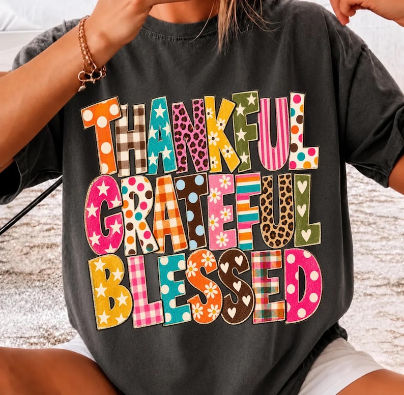 Thankful Grateful Blessed PNG, Retro Fall Typography, Colorful Pattern Letters, Thanksgiving Shirt Design, Vintage Sublimation image 3