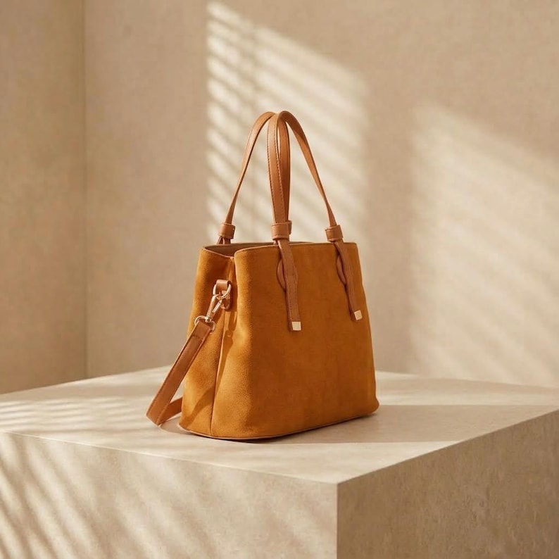 Structured Vegan Suede Tote, Crossbody Handbag, Gold Hardware, Office ...
