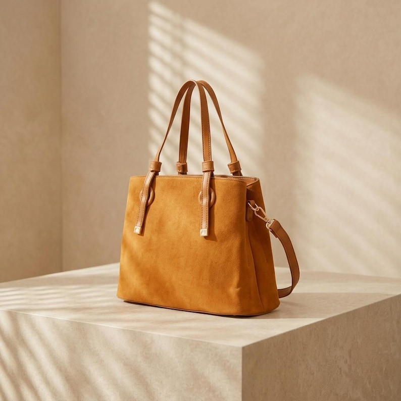 Structured Vegan Suede Tote, Crossbody Handbag, Gold Hardware, Office ...