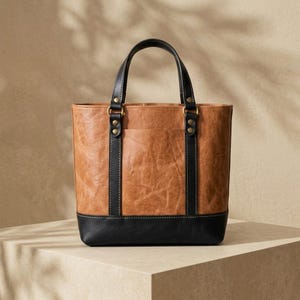 Two-Tone Cognac Leather Tote, Distressed Pull-Up Grain, Contrast Stitch Work Bag