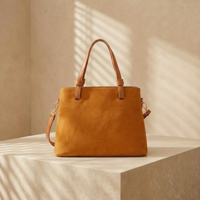 Structured Vegan Suede Tote, Crossbody Handbag, Gold Hardware, Office ...