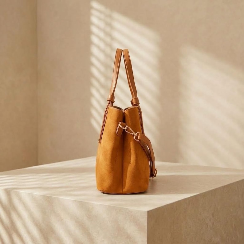 Structured Vegan Suede Tote, Crossbody Handbag, Gold Hardware, Office ...