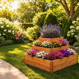 May include: A three-tiered wooden planter box featuring a square design. The top tier contains purple lavender, the middle tier holds white and orange daisies, and the bottom tier is filled with a mix of pink, white, and purple petunia flowers.