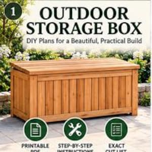 Może przedstawiać: Prostokątna drewniana skrzynia do przechowywania na zewnątrz z listwowym panelem przednim i płaską pokrywą. Obraz zawiera tekst: 1 OUTDOOR STORAGE BOX DIY Plans for a Beautiful, Practical Build, PRINTABLE PDF, STEP-BY-STEP INSTRUCTIONS, EXACT CUT LIST.