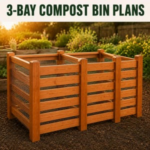 May include: A three-bay wooden compost bin structure featuring horizontal slats and wire mesh side panels. The text 3-BAY COMPOST BIN PLANS is displayed in dark green capital letters at the top of the image above the wooden structure.