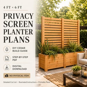 Peut inclure: Un document numérique intitulé Privacy Screen Planter Plans 4 ft x 6 ft, incluant un guide de construction en cèdre, un PDF étape par étape et un téléchargement numérique. L'image montre un écran de confidentialité en bois avec jardinière.