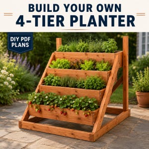 Op de afbeelding: Een houten plantenbak met vier niveaus en een getrapt ontwerp, voorzien van vier horizontale bakken gevuld met diverse groene kruiden en aardbeiplanten. De tekst BUILD YOUR OWN 4-TIER PLANTER en DIY PDF PLANS is bovenaan zichtbaar.