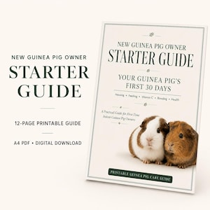 Może przedstawiać: 12-stronicowy przewodnik do druku w formacie A4 zatytułowany New Guinea Pig Owner Starter Guide: Your Guinea Pig's First 30 Days. Okładka zawiera ciemnozielony tekst oraz zdjęcie biało-brązowej świnki morskiej i brązowej świnki morskiej.