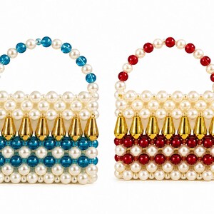 May include: Two structured handbags constructed from white faux pearls and beads. One bag features blue accents in the handle and body, while the other features red accents. Both bags include a row of gold-toned, teardrop-shaped hanging charms.