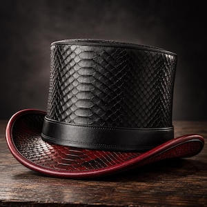 May include: A top hat featuring a black snakeskin textured crown and a deep red snakeskin textured brim. The hat includes a smooth black leather band encircling the base of the crown and a matching red leather trim along the edge of the brim.