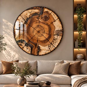 May include: A large circular wall art piece featuring a natural wood grain cross-section with dark brown and light tan rings. The artwork is mounted on a beige wall above a light-colored sectional sofa with brown and beige throw pillows.