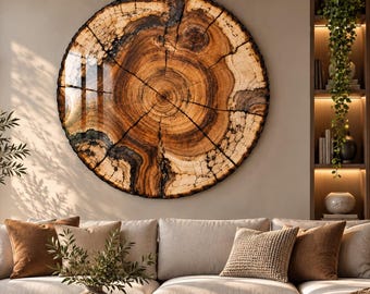 Può includere: Una grande opera d'arte murale circolare che presenta una sezione trasversale di venature del legno naturale con anelli marrone scuro e beige chiaro. L'opera è montata su una parete beige sopra un divano angolare chiaro con cuscini.