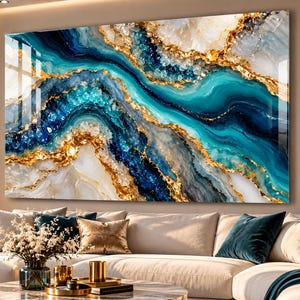 Turquoise Geode Glass Wall Art, Blue Gold Agate Design, Luxury Abstract Decor