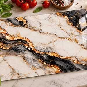 May include: A rectangular glass cutting board featuring a marbled pattern in white, black, and gray with metallic gold veining accents. The surface has a smooth, glossy finish with rounded corners and a high-contrast design throughout the piece.
