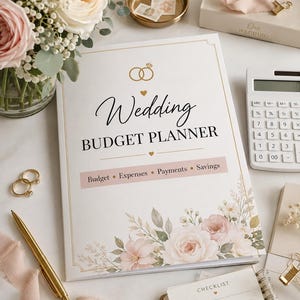 Può includere: Un libro per la pianificazione del budget di nozze bianco con icone di anelli dorati e illustrazioni floreali. La copertina presenta il testo Wedding BUDGET PLANNER e una sezione Budget, Expenses, Payments, Savings, con una penna dorata e calcolatrice.