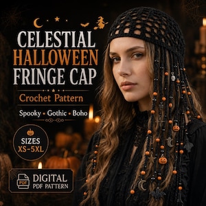 Patrón Gorro Crochet Halloween con Flecos PDF | Gorro Gótico Celestial | Tocado Boho con Cuentas | Patrón Crochet Digit