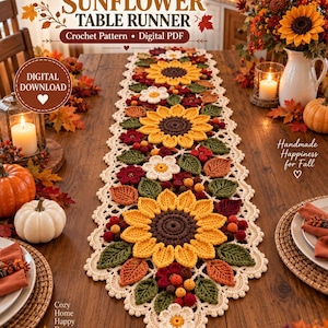 Herfst Zonnebloem Tafelloper Haakpatroon PDF | Bloemen & Herfstbladeren | Thanksgiving Tafeldecoratie | Digitaal Patroon