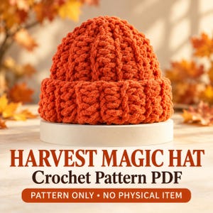 May include: A vibrant orange crochet hat with a thick, textured ribbed design and a folded brim. The text below reads: HARVEST MAGIC HAT Crochet Pattern PDF. PATTERN ONLY • NO PHYSICAL ITEM. The hat is displayed on a circular white stand.