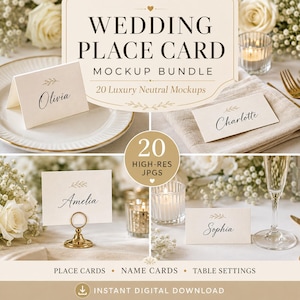 May include: A wedding place card mockup bundle featuring 20 high-resolution JPEG files. The images display cream-colored folded and flat name cards with elegant black script names like Olivia, Charlotte, Amelia, and Sophia, accented by small gold leaf illustrations.