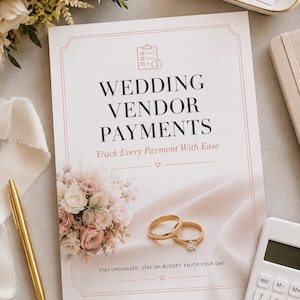 Può includere: Un foglio di tracciamento dei pagamenti per i fornitori di matrimoni con il testo WEDDING VENDOR PAYMENTS, Track Every Payment With Ease, e STAY ORGANIZED. STAY ON BUDGET. ENJOY YOUR DAY. Include una grafica floreale, due anelli d'oro, una penna dorata e una calcolatrice bianca.