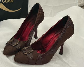 Vintage Just Cavalli Brown Monogram Heels Pumps, Y2K Designer Shoes, Made in Italy, Size EU 36 / US 6, with Dust Bag 