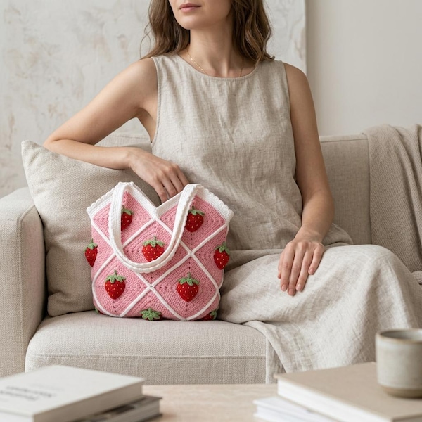 Peut inclure: Un sac fourre-tout en crochet avec une base à motif losange rose, bordures et anses blanches. Le sac est orné de plusieurs petites fraises rouges en relief avec des feuilles vertes fixées au centre de chaque section en losange rose.