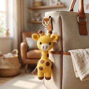 Puede incluir: Un llavero de jirafa tejido a ganchillo en amarillo y marrón, con un diseño de pequeño animal de peluche con manchas marrón oscuro, hocico blanco y cola con borla, sujeto a un clip de anillo de metal dorado colgado de un bolso de lona beige.
