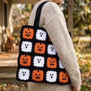 Halloween-Häkeltasche (PDF): Kürbis- und Geister-Oma-Quadrate