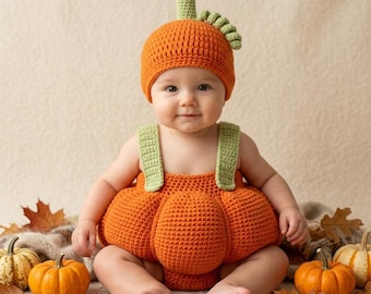 May include: A crochet pumpkin outfit consisting of a bright orange rounded romper with light green shoulder straps and a matching orange beanie hat featuring a small green stem on top, designed with a textured, thick yarn stitch pattern.