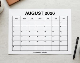 August 2026 Printable Calendar | Bold Minimalist Wall Calendar | Sunday & Monday Start | Instant Download