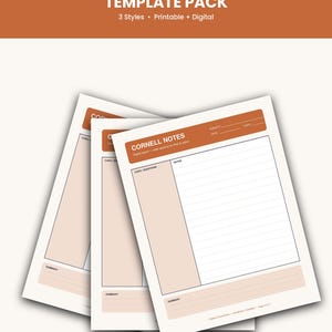 Op de afbeelding: Een Cornell Notes sjabloonpakket met drie stijlen voor printbare en digitale pagina's. Elke pagina heeft een roestoranje koptekst met de tekst CORNELL NOTES, een sectie voor onderwerp en datum, een kolom voor vragen, een gelinieerd notitiegedeelte en een samenvatting.