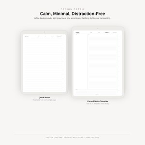 May include: Two digital tablet screens displaying note-taking templates with white backgrounds and light gray lines. The left screen shows a Quick Notes layout, while the right screen displays a Cornell Notes template with text labels.
