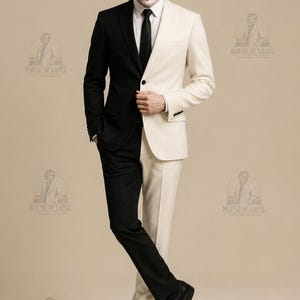 May include: A two-tone suit featuring a black right side and a white left side, paired with a white dress shirt, a black necktie, and black dress shoes. The suit is worn by a person with green hair and white face paint with red accents.