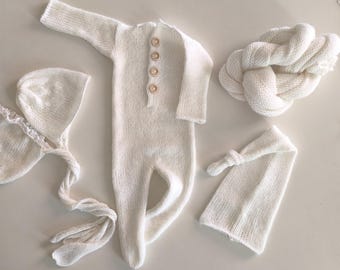 Newborn Footed Romper Knit newborn wrap Newborn photography sleeper White footed romper, knit newborn hat ang knitted wrap set