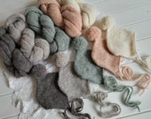 Knit baby wrap and Pom bonnet SET Newborn photo prop Newborn knit alpaca wrap Gray knit pom pom hat OFF white alpaca wrap bonnet set