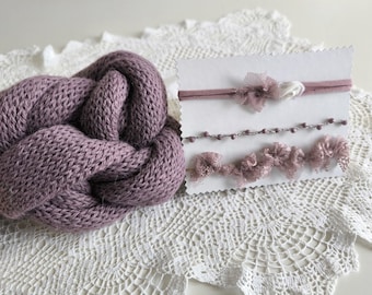 RTS Newborn photography prop Knit alpaca wrap Mauve pink photo props Purple mauve knit wrap Mauve gemstone headband Newborn girl photo props