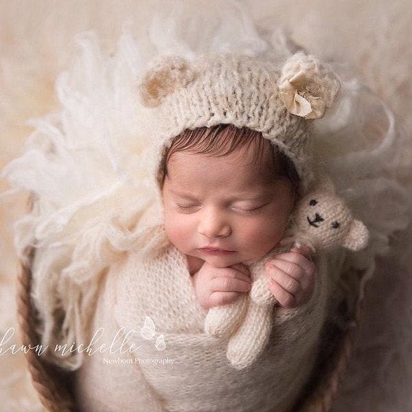 Newborn blanket set Light beige photography bundle Newborn bear bonnet Stuffed toy bear Cream fluffy layer Knit mohair wrap Cream white