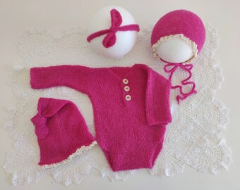 RTS Newborn photography prop Pink knit body Newborn sleepy hat legless bodysuit Sleeved body Lace edge bonnet Newborn girl photo props