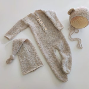 Newborn Footed Romper Knit sleeved romper Newborn photography prop Newborn sleepy hat Alpaca bear hat Knitted pajamas photo prop More colors