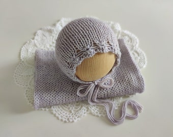 RTS Knit newborn wrap textured knit bonnet Lavender newborn wrap Stone washed cotton wrap set Thick knit newborn wrap and bonnet set Lilac