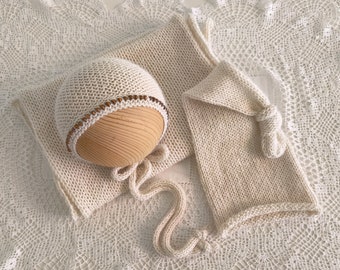 RTS Newborn beaded bonnet knit alpaca wrap White newborn wrap set Newborn photography prop Off white wrap Cream white props White sleepy cap