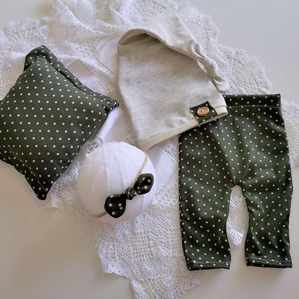 RTS Newborn pants and pillow set Newborn photography prop Gray sleepy cap Green posing pillow Bow tieback Dark green pants with dots.