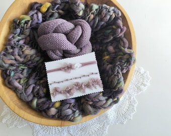 RTS Newborn blanket set photography prop Newborn girl photo props Purple plum mohair wrap Mauve knit wrap Fall colours Bows headband