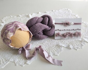 RTS Newborn knit wrap Newborn photography prop Mauve pin lace bonnet Newborn girl photo props Mauve photo props Light mauve props