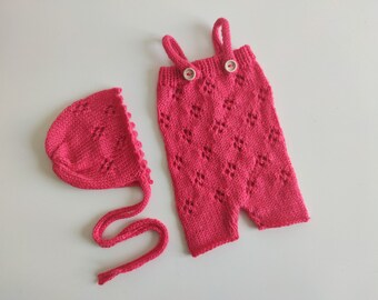 RTS Newborn lace romper Pink knit romper Newborn pants set Newborn photography prop for girls Pink romper set Newborn girl photo prop romper