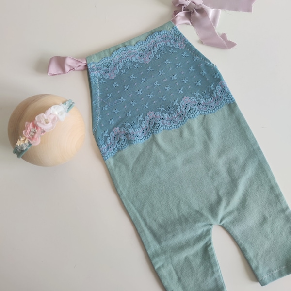 RTS 6-12M photography prop Eucaliptus green sitter photo prop Baby girl romper Acqua green romper Sitter pants photography props Lace romper