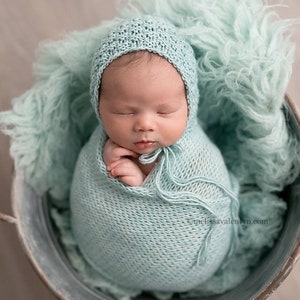 RTS Stretch knit newborn wrap and knitted bonnet set Thick knit newborn wrap Textured knit bonnet Light blue newborn wrap set.